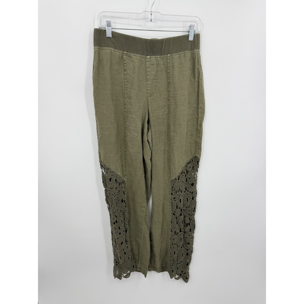XCVI Crochet Lace Linen Pants Womens Small Olive Green Boho Relaxed 22734